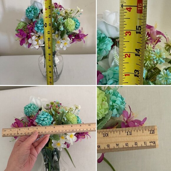 Handcrafted Floral Centerpiece Arrangement Clear Hourglass Vase Upcycled Decor - Picture 6 of 13